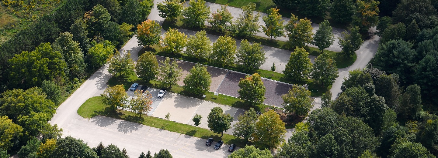 aerial view of green parking lot at Kortright Centre