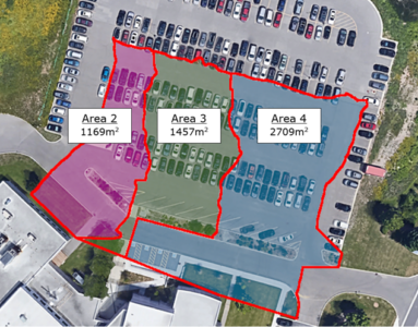 The outlined catchment areas for the three bioretention swales at the IMAX site. Area two is the smallest with a total size of 1169 meters squared. Area three is the next largest at 1457 meters squared, and Area 4 is the largest at 2709 meters squared. 