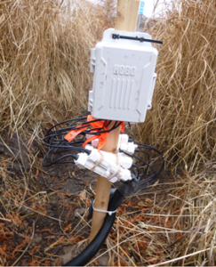 The data logger is attached to a stake in the center of a bioretention swale. The probe wires attach from the bottom of the data logger and run down the stake and into the ground.