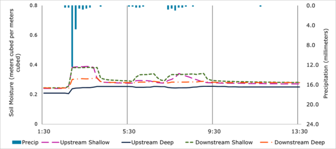 The soil moisture responses during a large, high intensity precipitation event, shown in a line graph. The upstream and downstream soil moisture responses follow the pattern of precipitation. The shallow soil moisture responses are larger than the deep soil moisture responses.