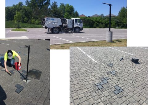 Image 1 shows a vacuum truck performing maintenance on a permeable pavement. Image 2 shows a person sweeping aggregate into the gaps surrounding replacement pavers in a permeable parking lot. Image 3 shows the replacement pavers installed in the permeable parking lot.