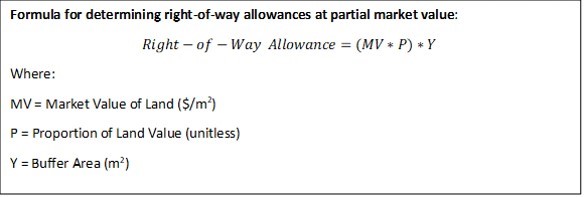 A formula for determining right-of-way allowances at partial market value using the market value of land in dollars per metres square, proportion of land value and the buffer area in metres square.