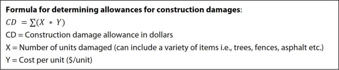 A formula for determining allowances for construction damages using the number of units damaged and the cost per unit in dollars of the unit.