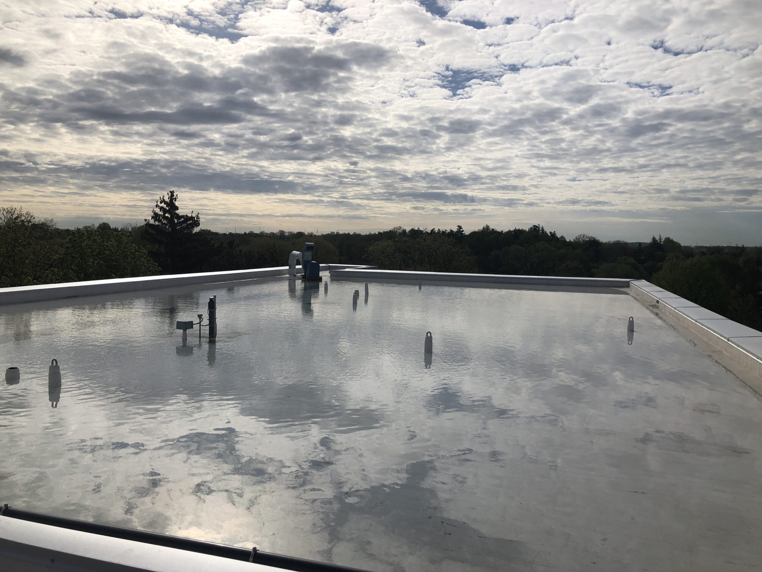 Water stored on a white roof top.
