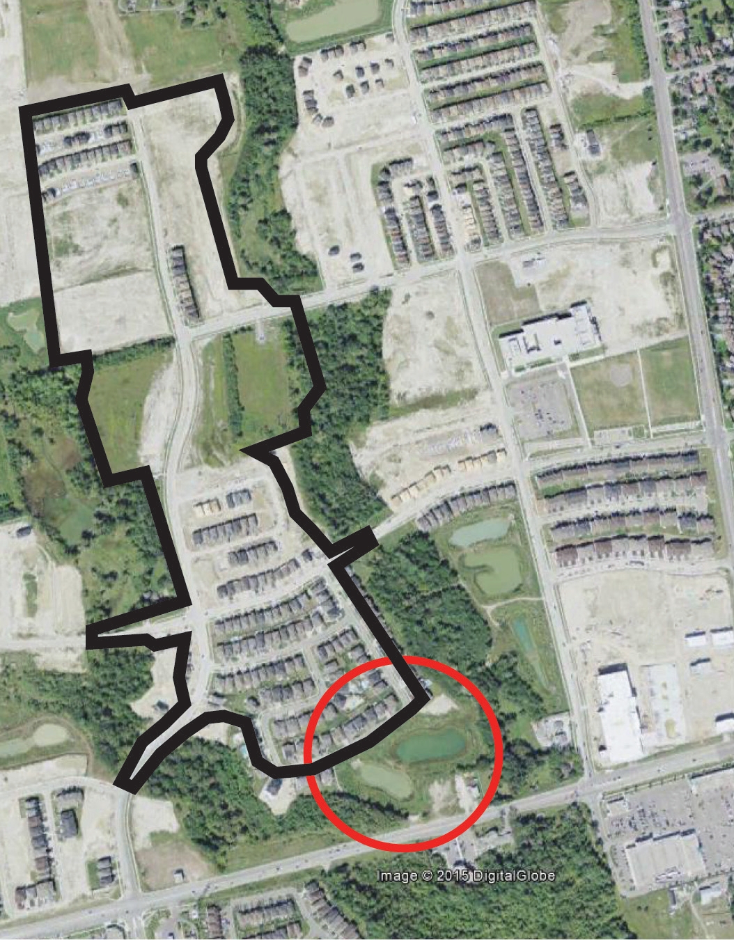 Figure 1. Location and drainage area for Pond 4, Block 11 in Vaughan. The drainage area is outlined in black, and the pond is circled in red.