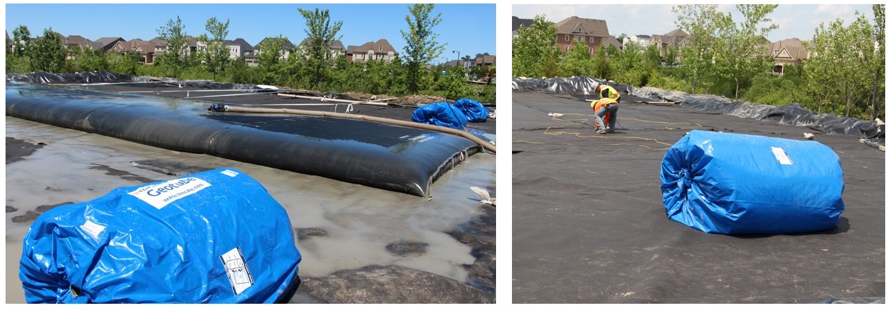 Figure 2. Preparation of laydown area for sediment dewatering Geotubes® (left). The same area with the Geotubes® in place and filtering water (right).