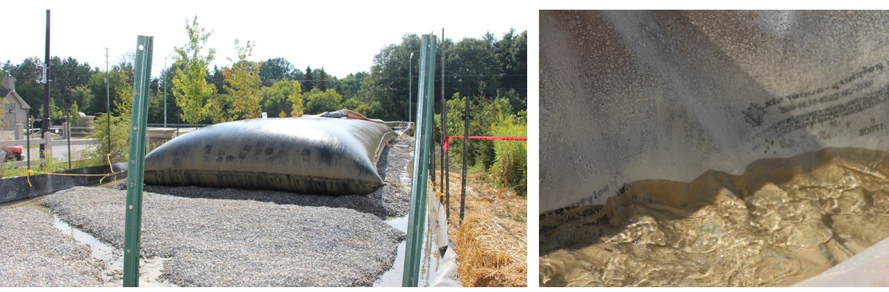Figure 6. Filled sediment dewatering bag (left) and clarity of effluent water after it drains from the sediment dewatering area (right).